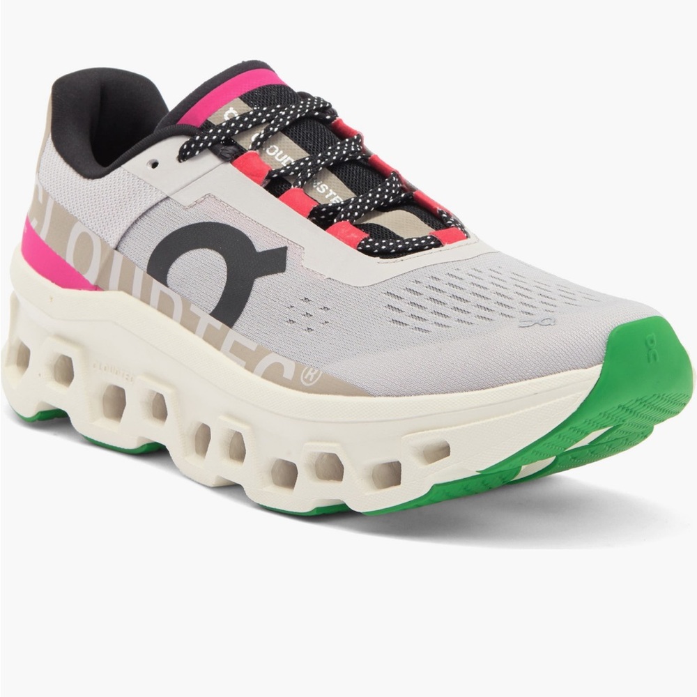 On Cloudmonster Running Gray and Cream Athletic Shoes with CloudTec Sole